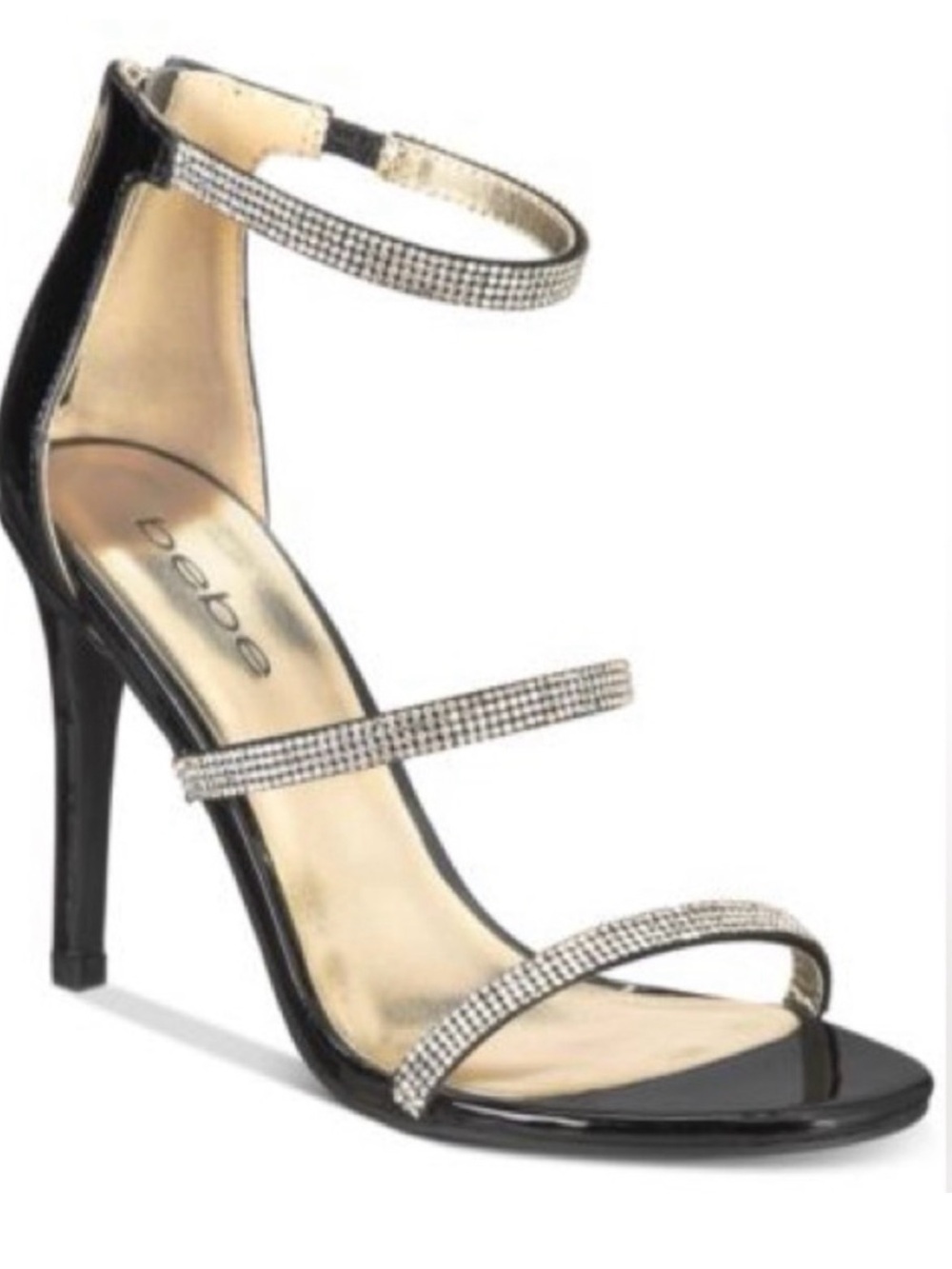 bebe Black Patent Stiletto Sandal with Crystal Straps